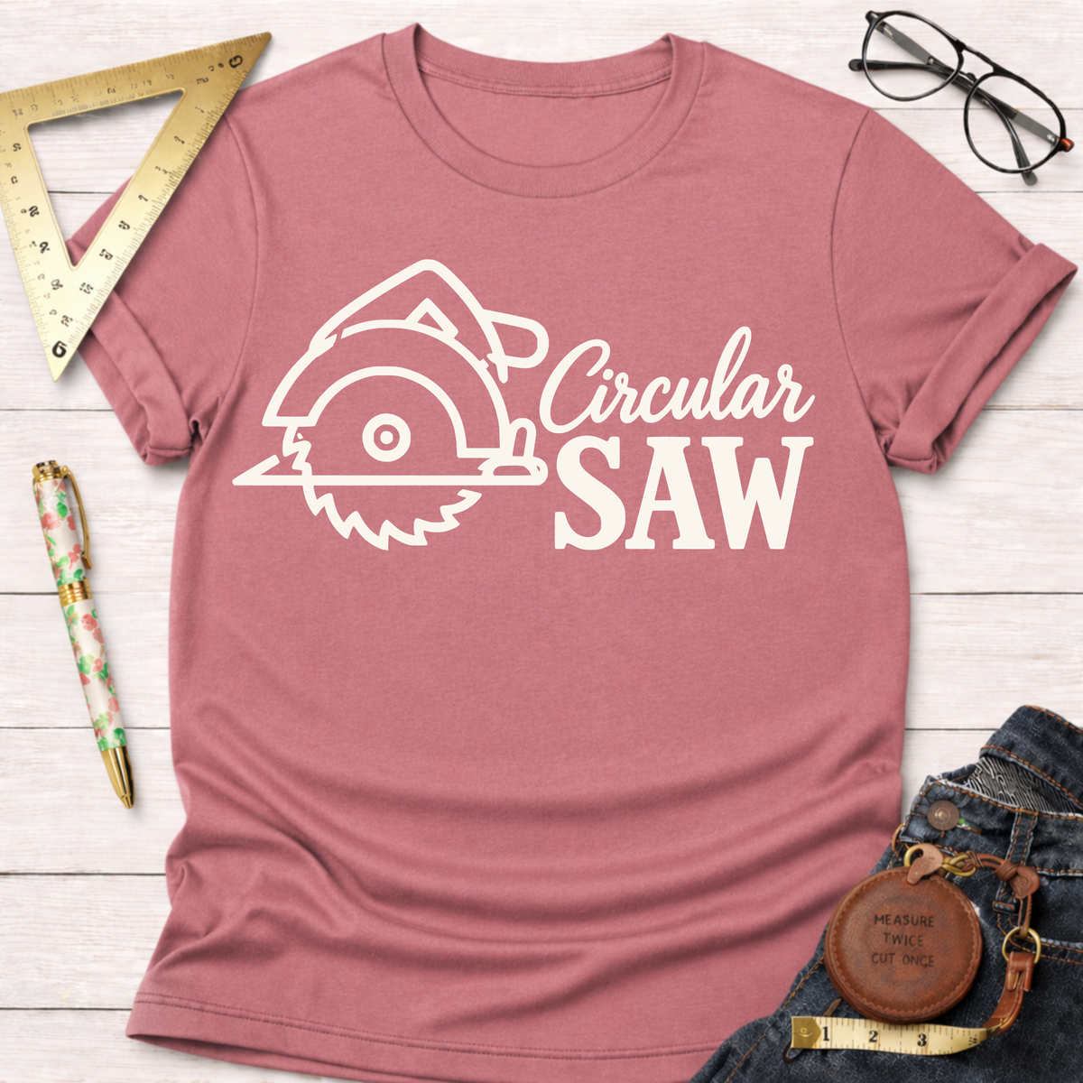 Circular Saw woodworking t-shirt, line-art circular saw design on mauve – Sawdust & Ponytails (view 1)