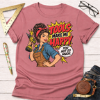 Tools Make Me Happy woodworking t-shirt, pop-art pin-up with drill design – Sawdust & Ponytails (view 2)
