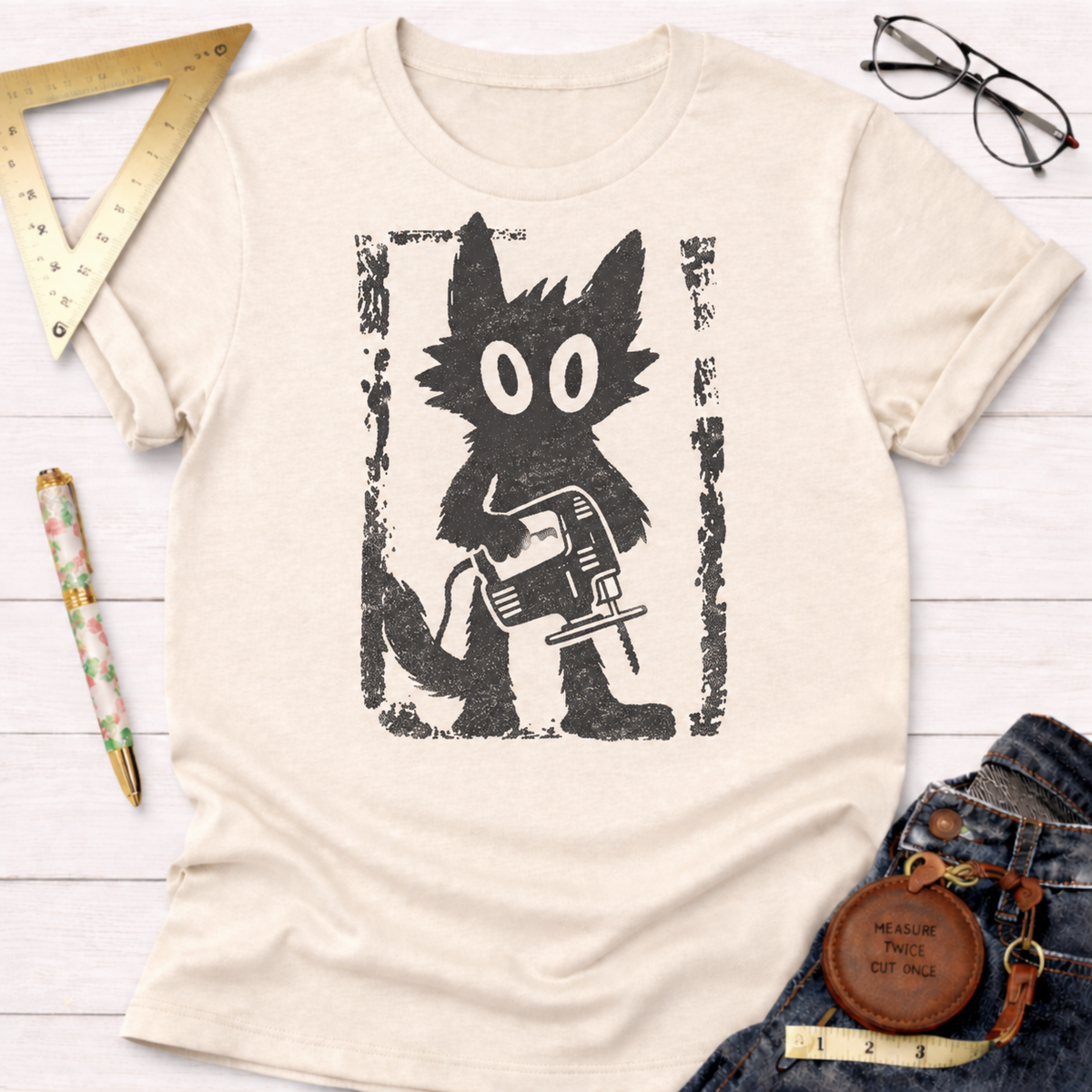 Grungy Gato woodworking t-shirt, distressed cat with jigsaw design – Sawdust & Ponytails (view 3)