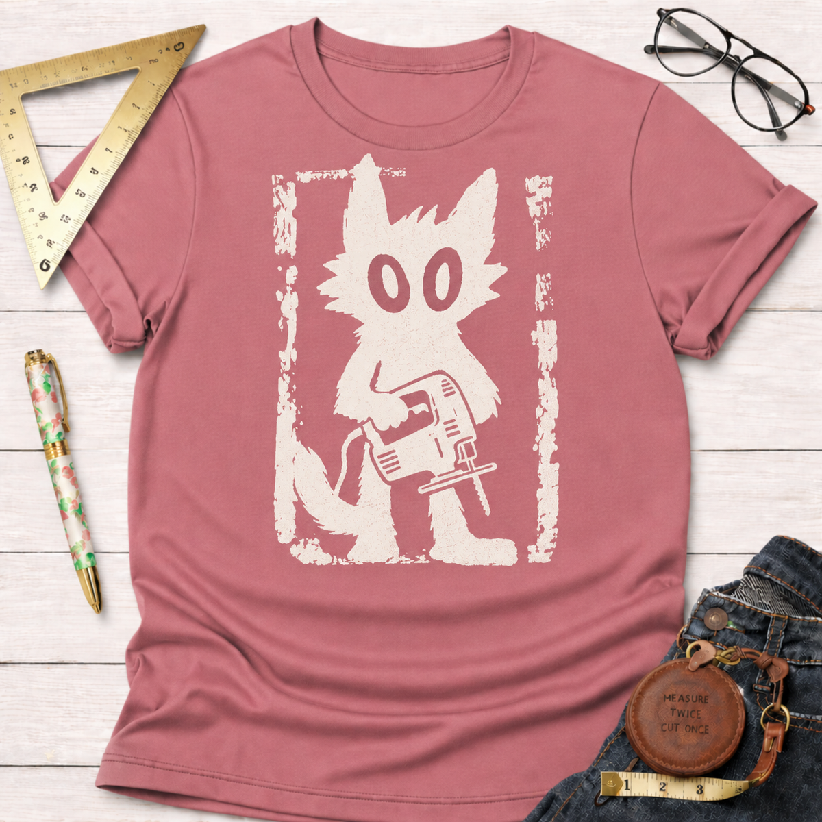 Grungy Gato woodworking t-shirt, distressed cat with jigsaw design – Sawdust & Ponytails (view 2)