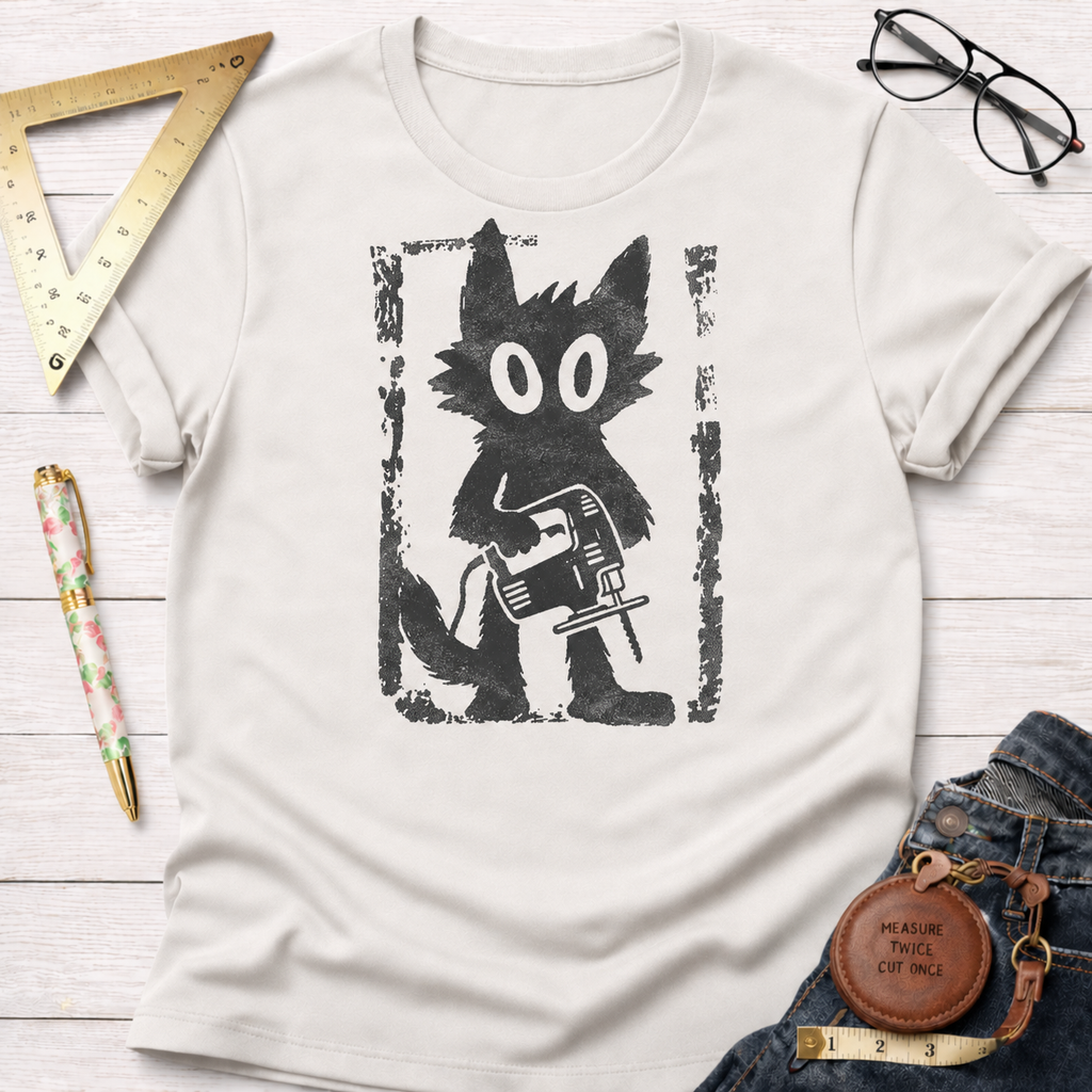 Grungy Gato woodworking t-shirt, distressed cat with jigsaw design – Sawdust & Ponytails (view 5)