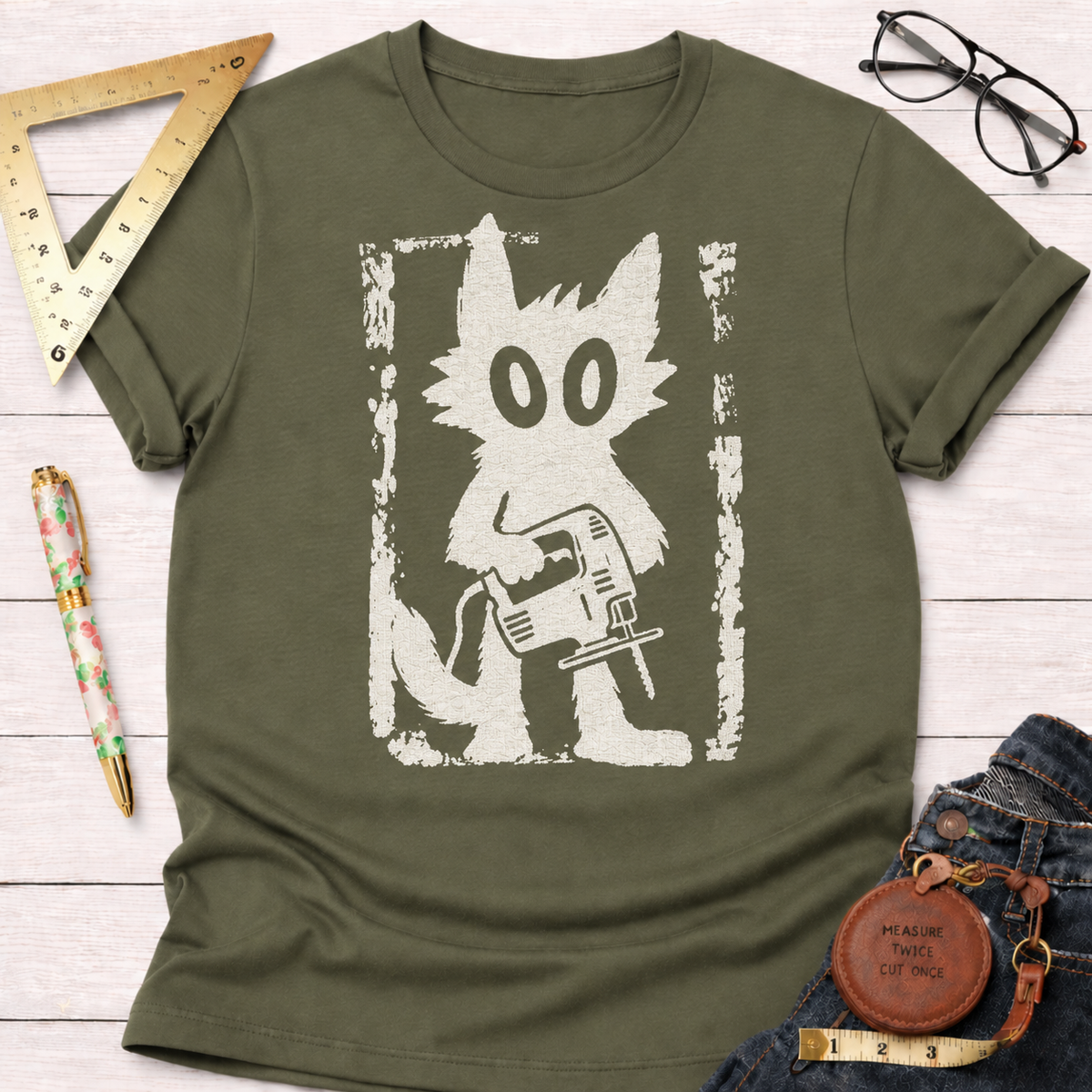 Grungy Gato woodworking t-shirt, distressed cat with jigsaw design – Sawdust & Ponytails (view 7)