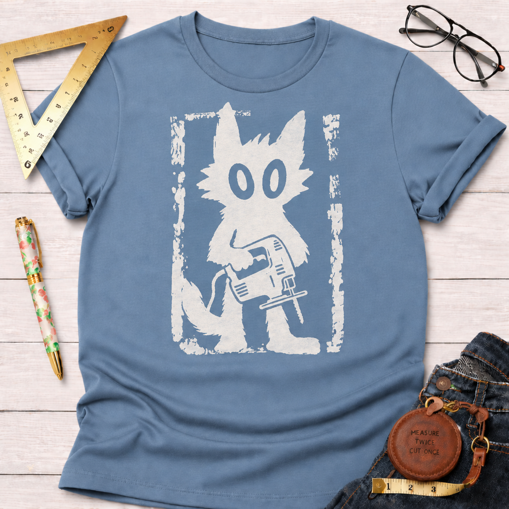 Grungy Gato woodworking t-shirt, distressed cat with jigsaw design on steel blue – Sawdust & Ponytails (view 1)