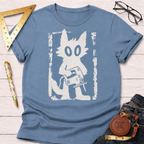 Grungy Gato woodworking t-shirt, distressed cat with jigsaw design on steel blue – Sawdust & Ponytails (view 1)