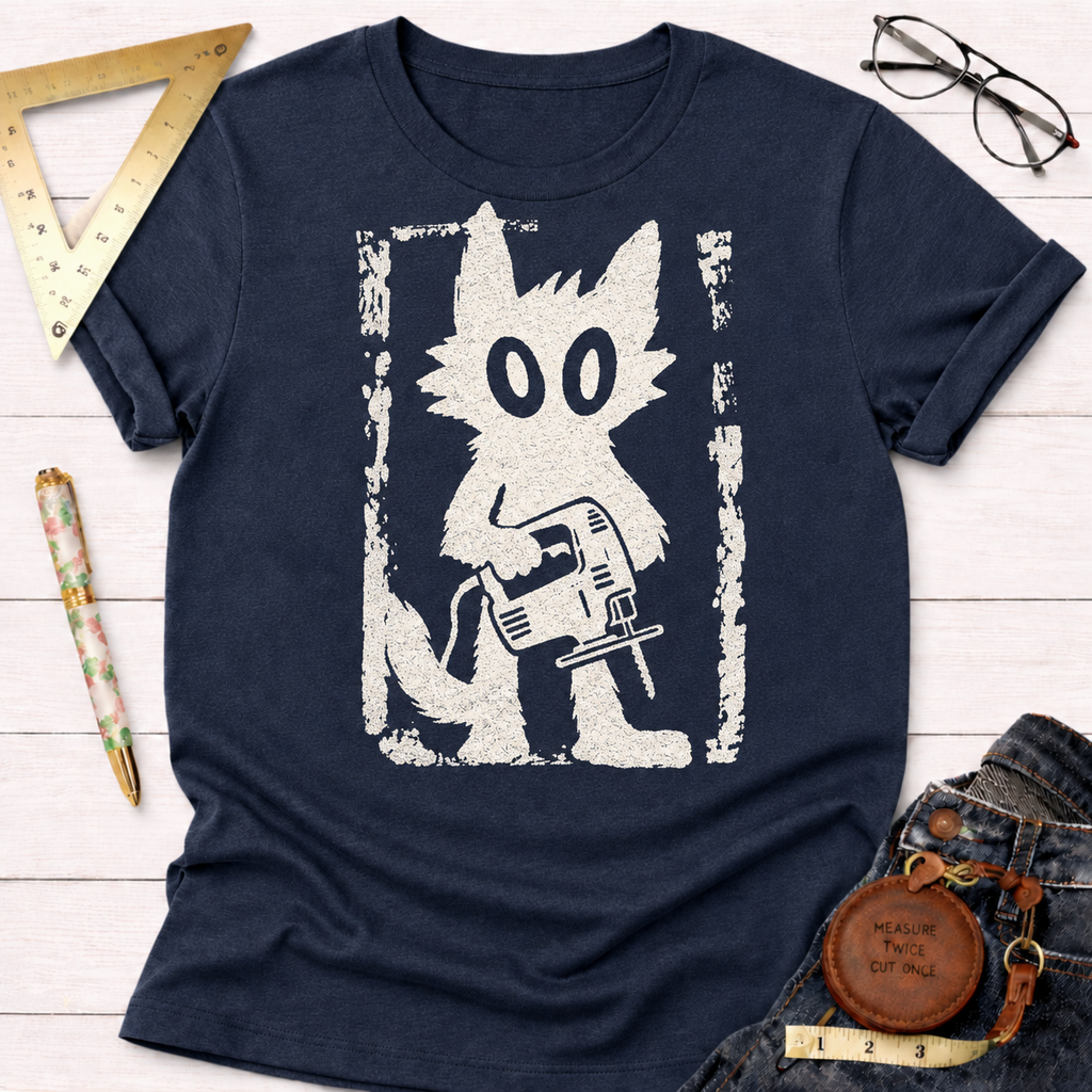 Grungy Gato woodworking t-shirt, distressed cat with jigsaw design – Sawdust & Ponytails (view 6)