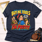 Buy Me Tools And Tell Me I'm Pretty woodworking t-shirt, pop-art pin-up with drill design – Sawdust & Ponytails (view 6)