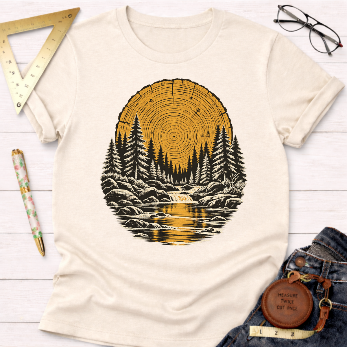 Tree Ring River woodworking t-shirt, tree ring and pine forest design – Sawdust & Ponytails (view 3)