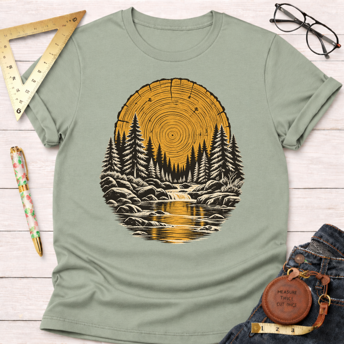Tree Ring River woodworking t-shirt, tree ring and pine forest design – Sawdust & Ponytails (view 9)