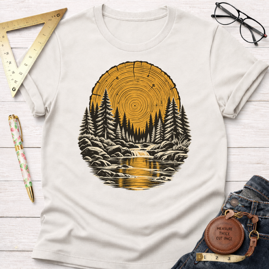 Tree Ring River woodworking t-shirt, tree ring and pine forest design – Sawdust & Ponytails (view 5)