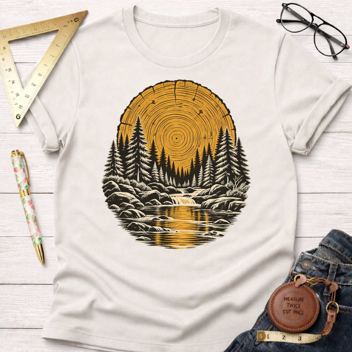 Tree Ring River woodworking t-shirt, tree ring and pine forest design – Sawdust & Ponytails (view 5)