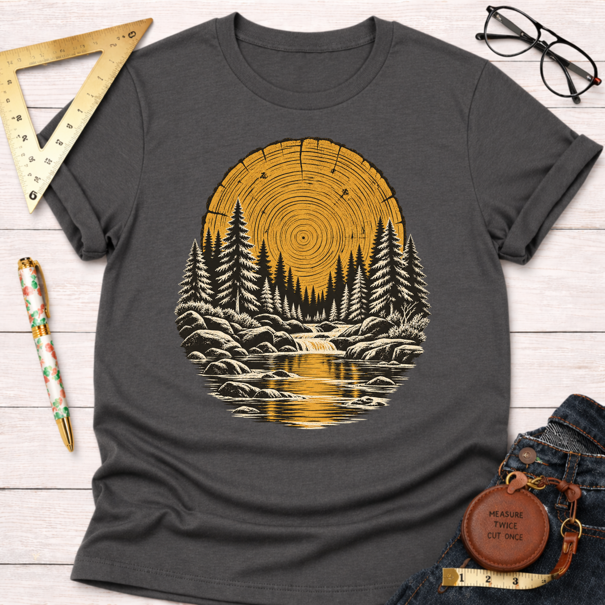 Tree Ring River woodworking t-shirt, tree ring and pine forest design – Sawdust & Ponytails (view 8)
