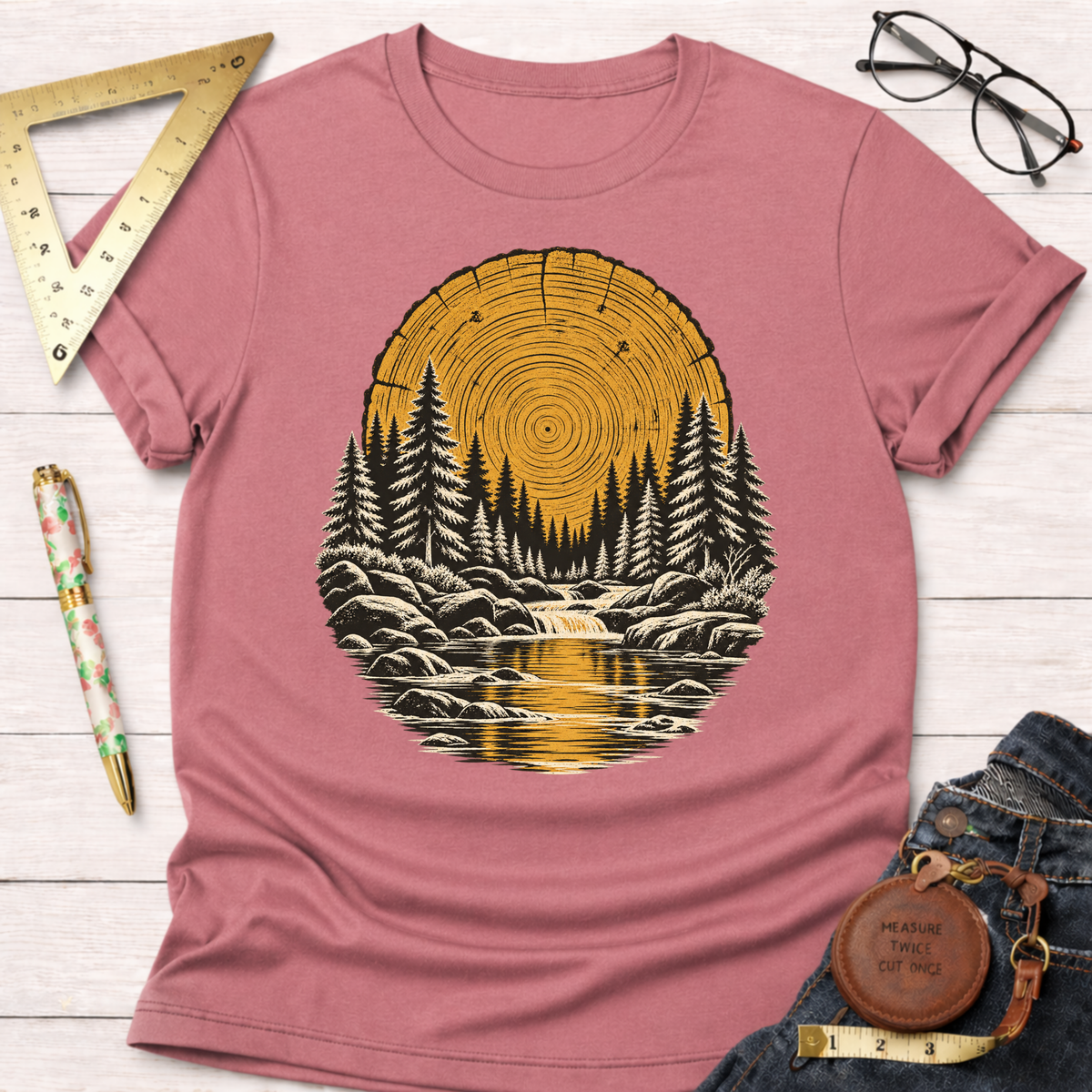 Tree Ring River woodworking t-shirt, tree ring and pine forest design – Sawdust & Ponytails (view 2)