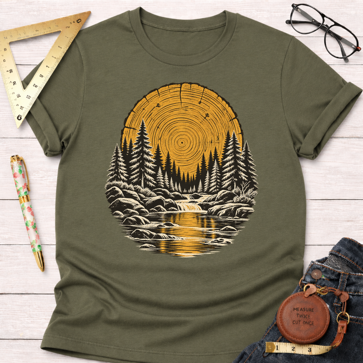 Tree Ring River woodworking t-shirt, tree ring and pine forest design – Sawdust & Ponytails (view 7)
