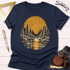 Tree Ring River woodworking t-shirt, tree ring and pine forest design on heather midnight navy – Sawdust & Ponytails (view 1)