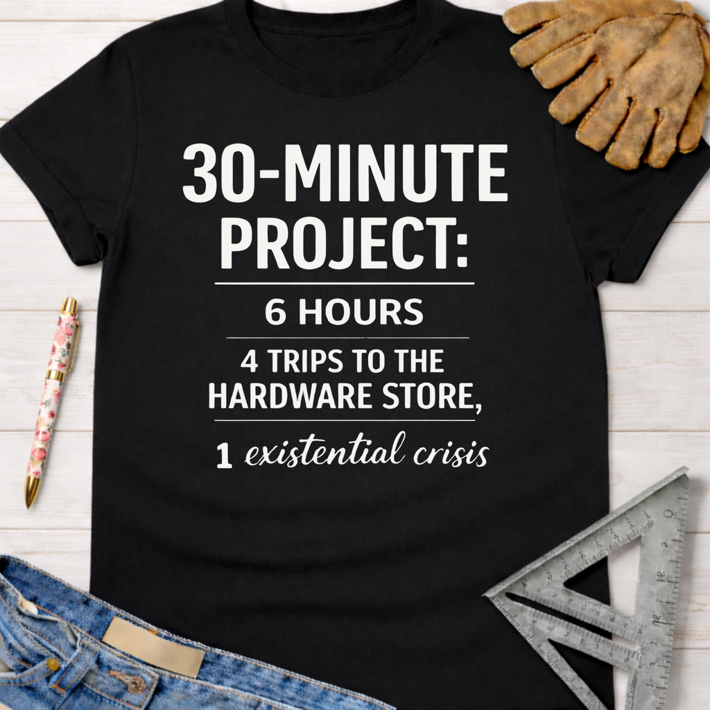 Women's funny woodworking graphic tee shirt for female woodworkers, makers, and DIY builders — Sawdust & Ponytails. Black cotton t-shirt with "30-MINUTE PROJECT: 6 HOURS, 4 TRIPS TO THE HARDWARE STORE, 1 existential crisis" text.