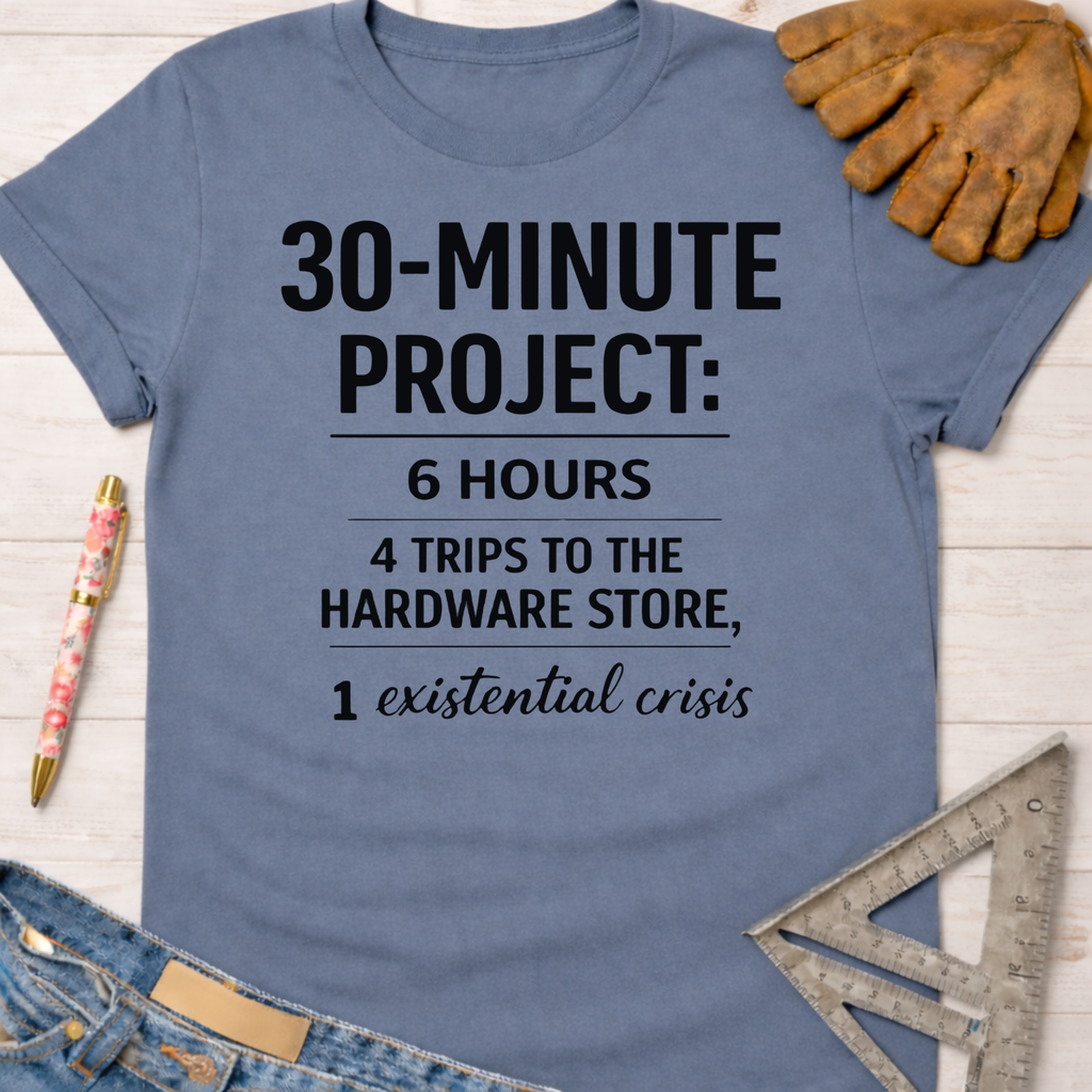 Women's funny woodworking graphic tee shirt for female woodworkers, makers, and DIY builders — Sawdust & Ponytails. Blue cotton tee with "30-MINUTE PROJECT: 6 HOURS, 4 TRIPS TO THE HARDWARE STORE, 1 existential crisis" text.