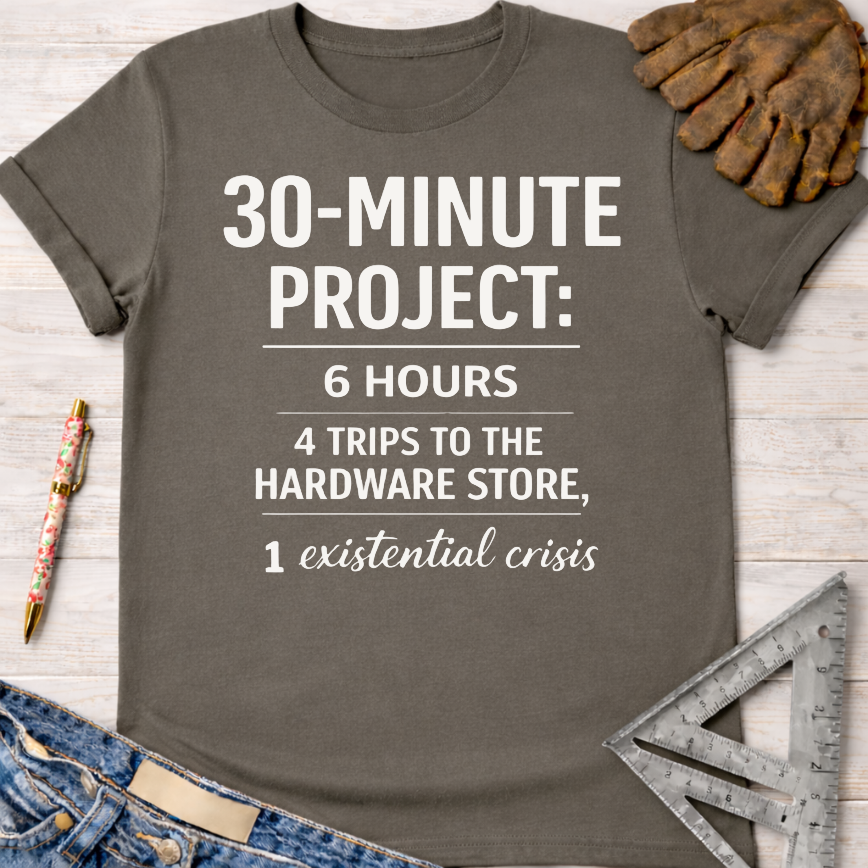 Women's funny woodworking graphic tee shirt for female woodworkers, makers, and DIY builders — Sawdust & Ponytails. Dark gray cotton t-shirt with "30-MINUTE PROJECT: 6 HOURS, 4 TRIPS TO THE HARDWARE STORE, 1 existential crisis" in white text.