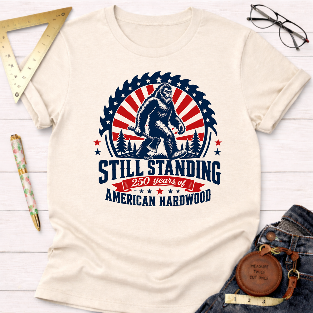 Cream cotton t-shirt with "Still Standing 250 Years of American Hardwood" graphic featuring Bigfoot and an axe.
