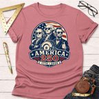 Pink American Legends 250 T-shirt with founding fathers in sunglasses and a circular saw graphic.