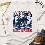 White cotton "American Legends Built Different" t-shirt with Lincoln and Bigfoot carrying tools.