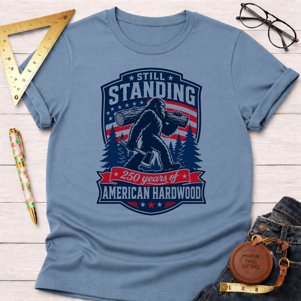 Light blue cotton t-shirt with a Bigfoot carrying a log graphic and "Still Standing 250 Years of American Hardwood" text.