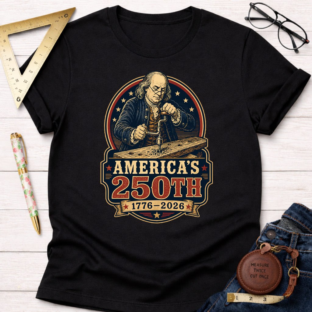 Black cotton t-shirt with a graphic of Benjamin Franklin woodworking, "America's 250th 1776-2026" text.