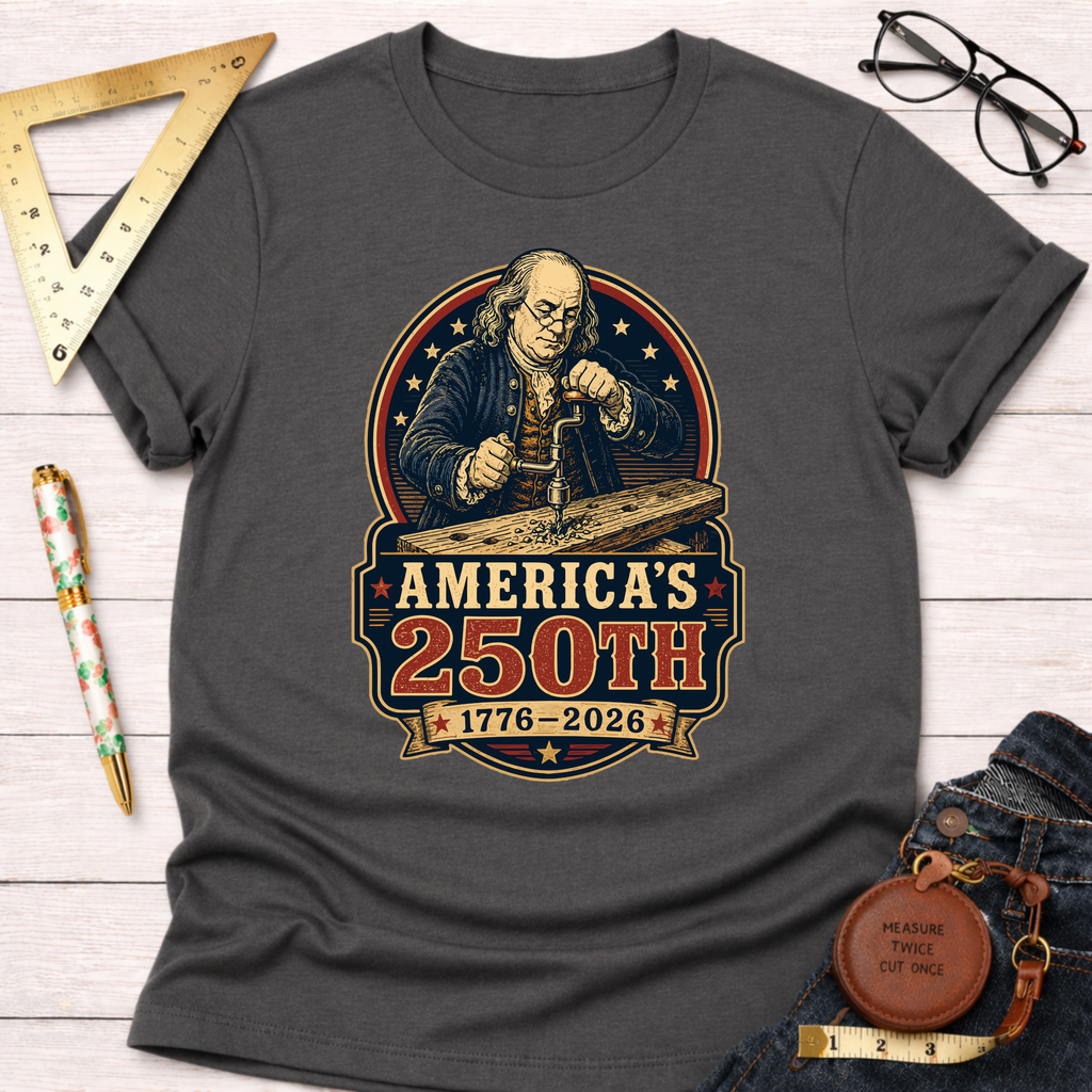 Charcoal gray cotton t-shirt with a graphic of Benjamin Franklin woodworking, "America's 250th 1776-2026.