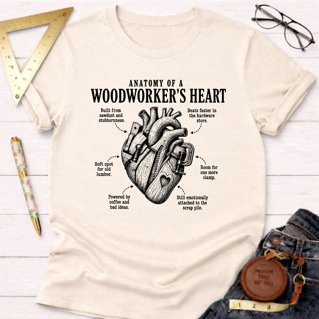 Cream t-shirt with "Anatomy of a Woodworker's Heart" graphic, featuring a heart made of tools.