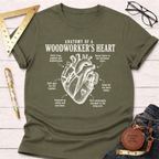 Olive green t-shirt with "Anatomy of a Woodworker's Heart" design, showing a heart made of woodworking tools.