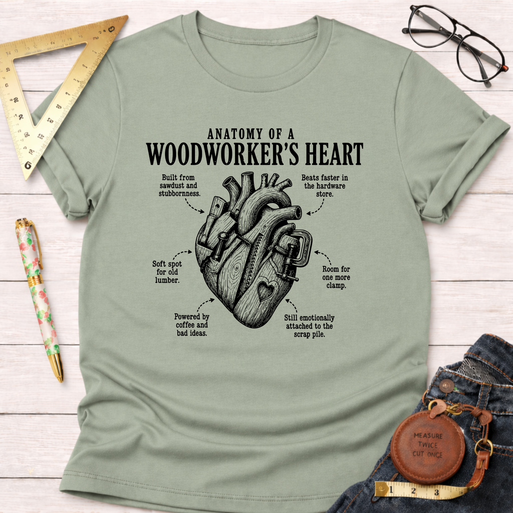 Sage green t-shirt with "Anatomy of a Woodworker's Heart" graphic featuring tools and humorous labels.