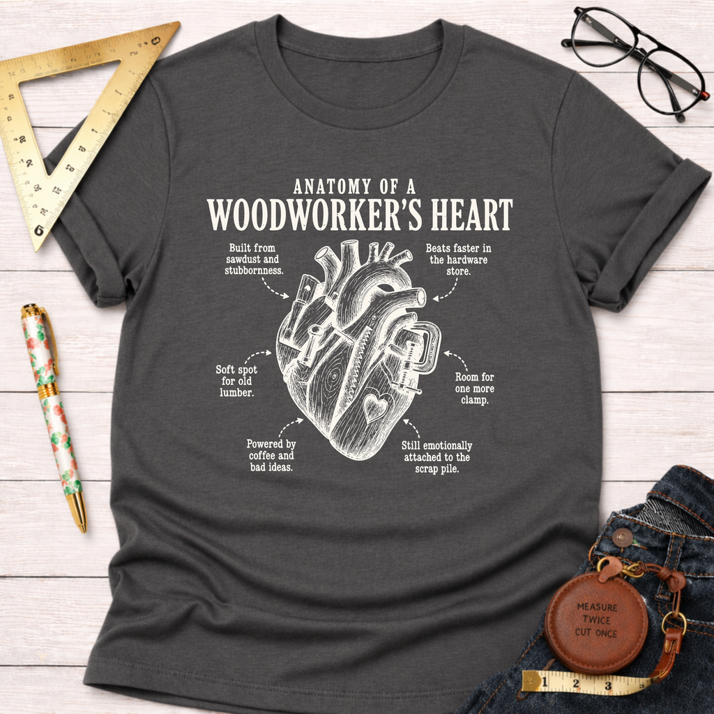 Charcoal gray t-shirt with "Anatomy of a Woodworker's Heart" text and an anatomical heart graphic.