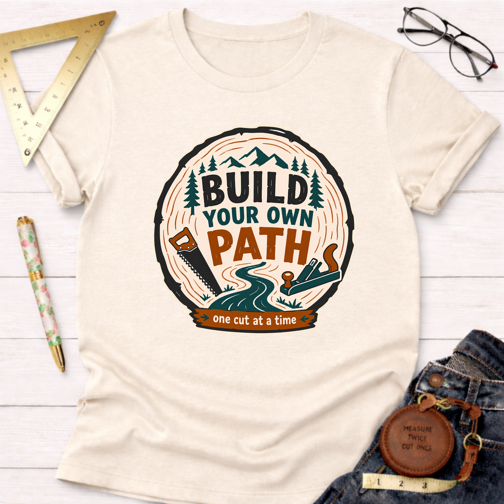 Cream t-shirt with "Build Your Own Path" design featuring a tree ring, saw, plane, and mountains.