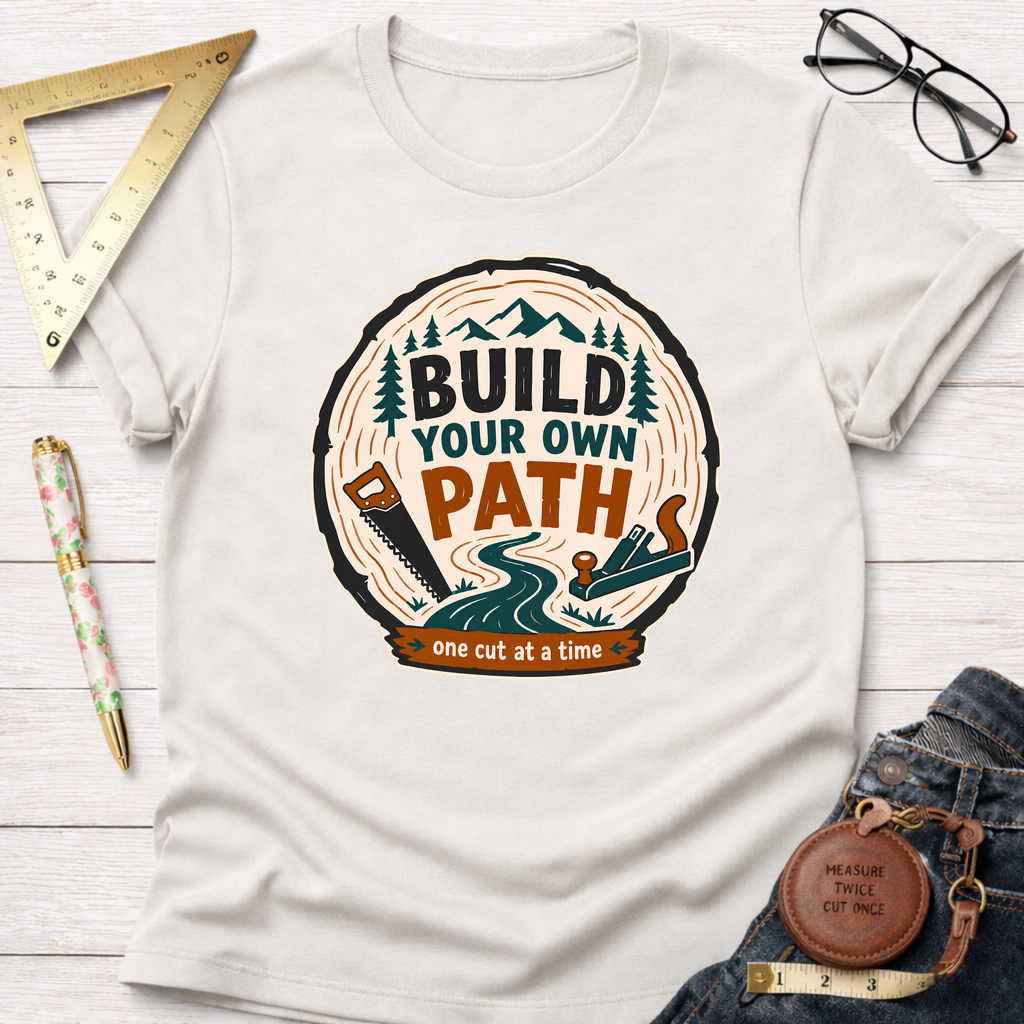 Cream t-shirt with "Build Your Own Path" wood slice graphic, featuring trees, saw, plane, and a winding road.