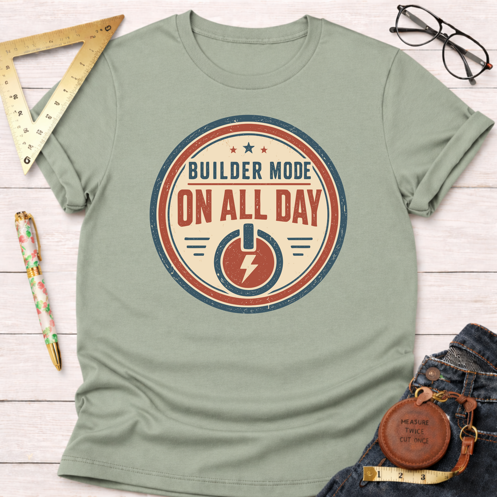 Light green cotton t-shirt with "Builder Mode On All Day" graphic, red and blue accents.