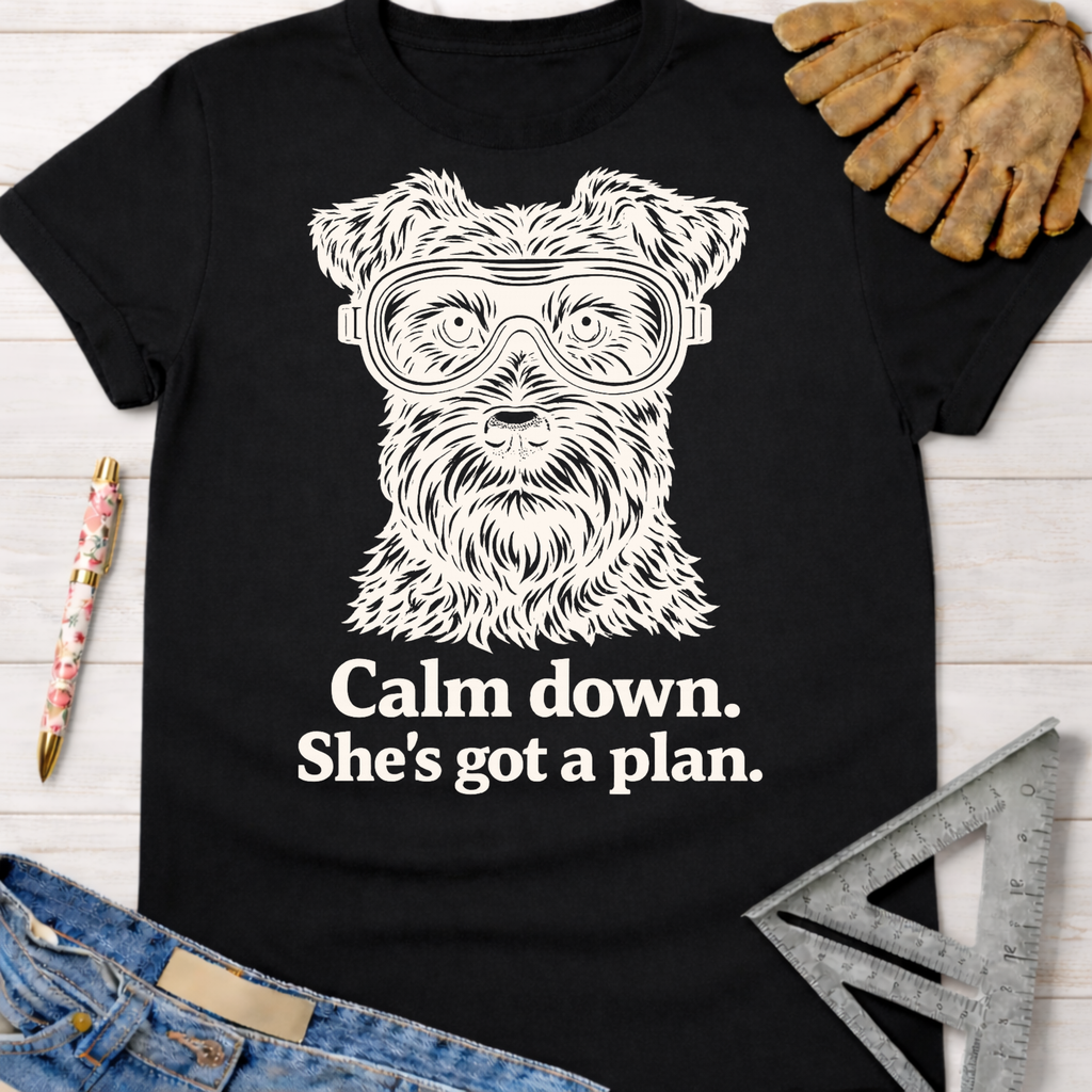 Black cotton t-shirt with a white graphic of a dog wearing safety goggles and "Calm down. She's got a plan." text. Women's funny woodworking graphic tee shirt for female woodworkers, makers, and DIY builders — Sawdust & Ponytails