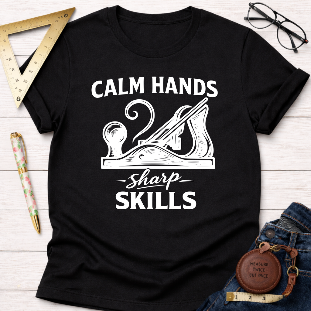 Black cotton t-shirt with "Calm Hands Sharp Skills" text and a hand plane graphic.