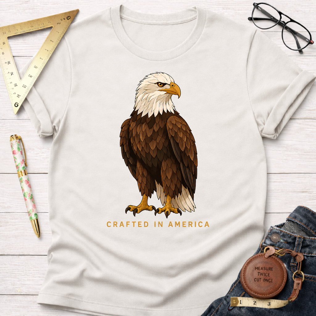 White 100% cotton t-shirt with a brown and white bald eagle graphic and "CRAFTED IN AMERICA" text.