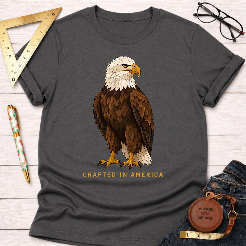 Dark gray 100% cotton t-shirt with a detailed bald eagle graphic and "Crafted In America" text.
