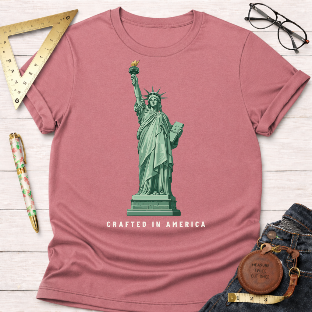 Rose pink cotton t-shirt with a green Lady Liberty graphic and "CRAFTED IN AMERICA" text.