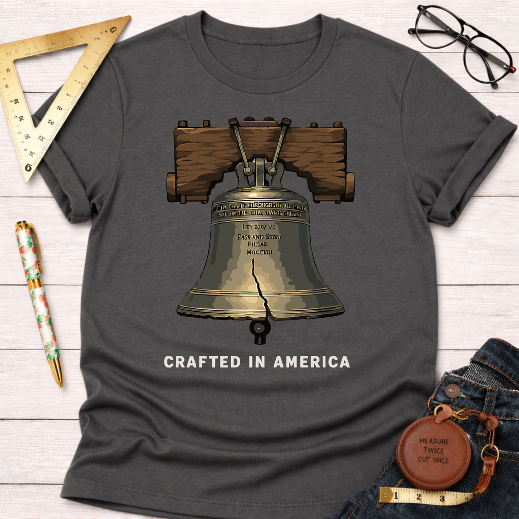 Charcoal gray t-shirt with a detailed Liberty Bell graphic and "CRAFTED IN AMERICA" text.