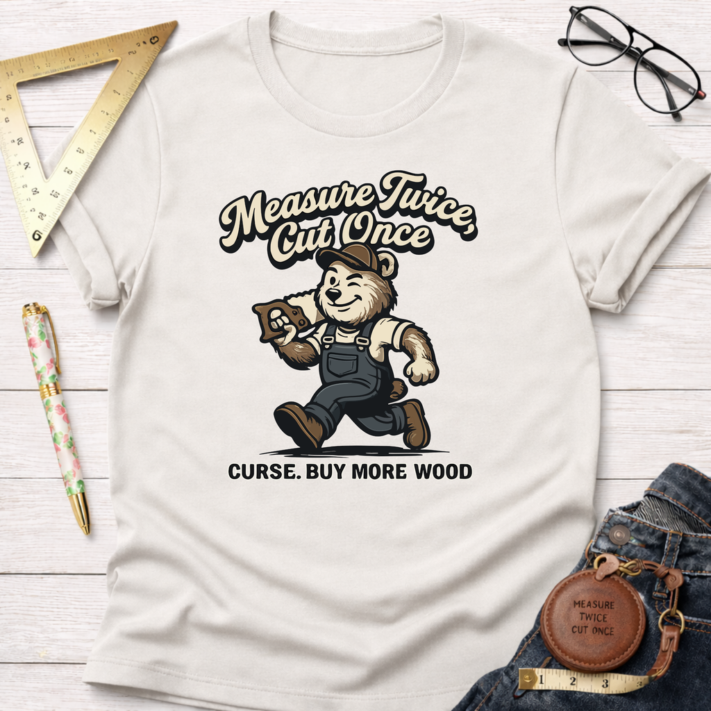 Women's funny woodworking graphic tee shirt for female woodworkers, makers, and DIY builders — Sawdust & Ponytails. Cream t-shirt with a bear carrying wood and "Measure Twice Cut Once Curse. Buy More Wood" text.