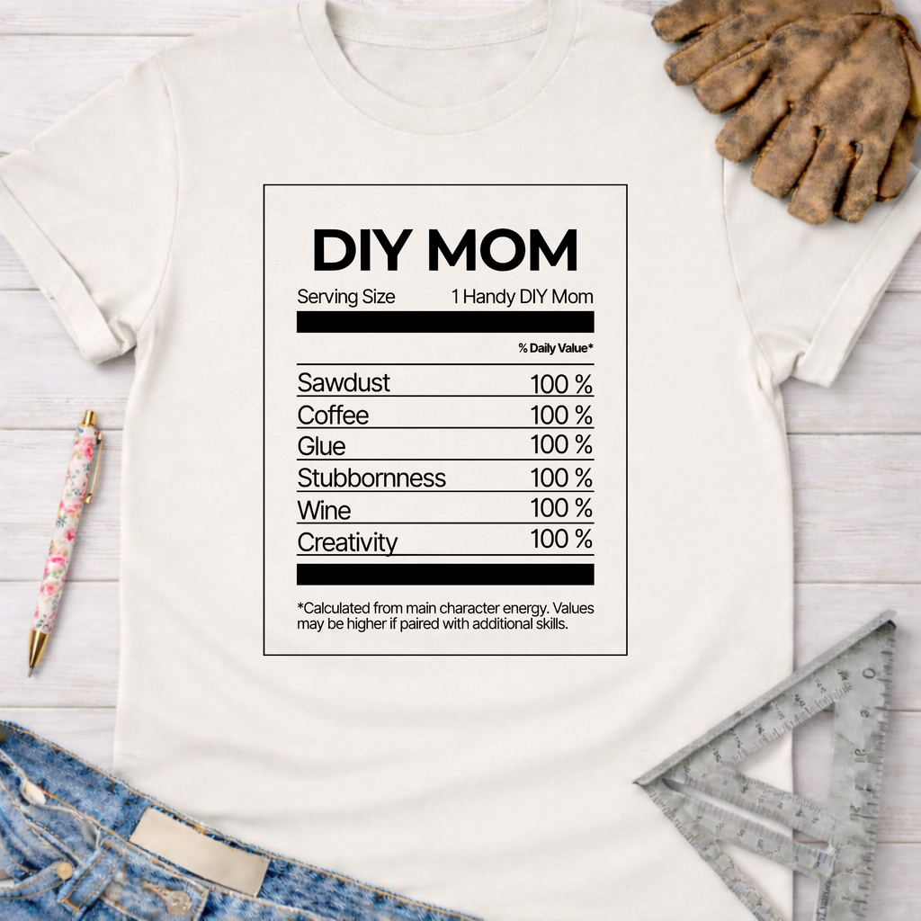 Women's funny woodworking graphic tee shirt for female woodworkers, makers, and DIY builders — Sawdust & Ponytails. White cotton t-shirt with "DIY MOM Nutrition Facts" graphic.