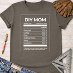 Women's funny woodworking graphic tee shirt for female woodworkers, makers, and DIY builders — Sawdust & Ponytails. Dark gray t-shirt with "DIY MOM Nutrition Facts" graphic.