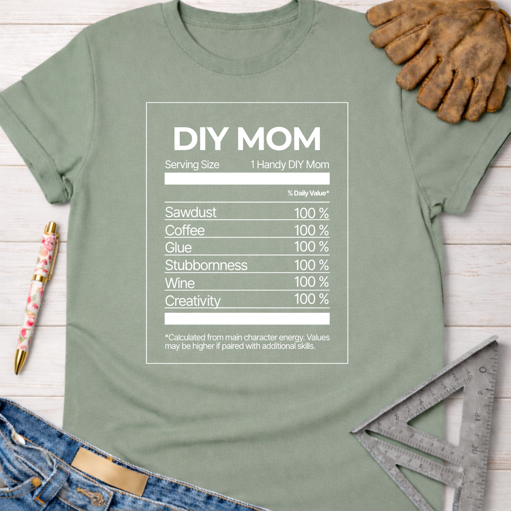 Sage green women's funny woodworking graphic tee shirt for female woodworkers, makers, and DIY builders — Sawdust & Ponytails