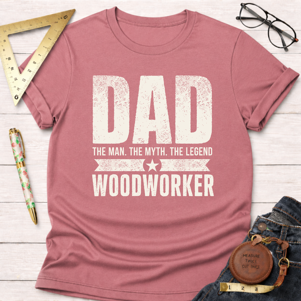 Heather dusty rose t-shirt with "Dad The Man The Myth The Legend Woodworker" text in distressed white.
