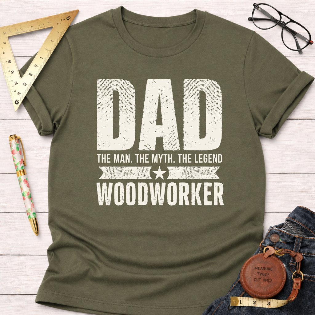Olive green "Dad The Man The Myth The Legend Woodworker" t-shirt with white distressed text.