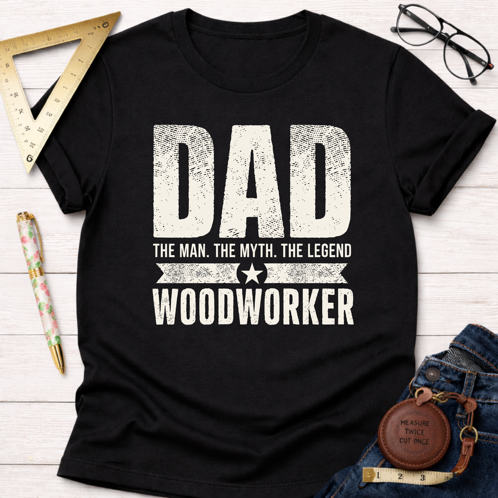 Black cotton t-shirt with "DAD THE MAN THE MYTH THE LEGEND WOODWORKER" in distressed white text.
