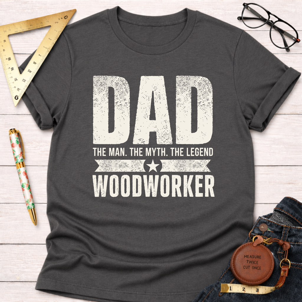 Charcoal gray "Dad The Man The Myth The Legend Woodworker" t-shirt with white distressed text.