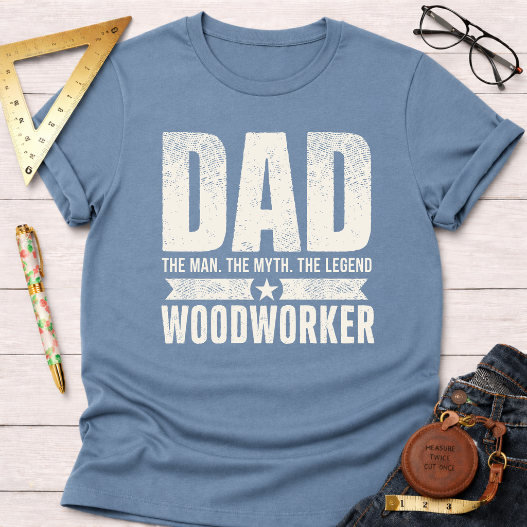 Light blue cotton "Dad The Man The Myth The Legend Woodworker" t-shirt with distressed white text.