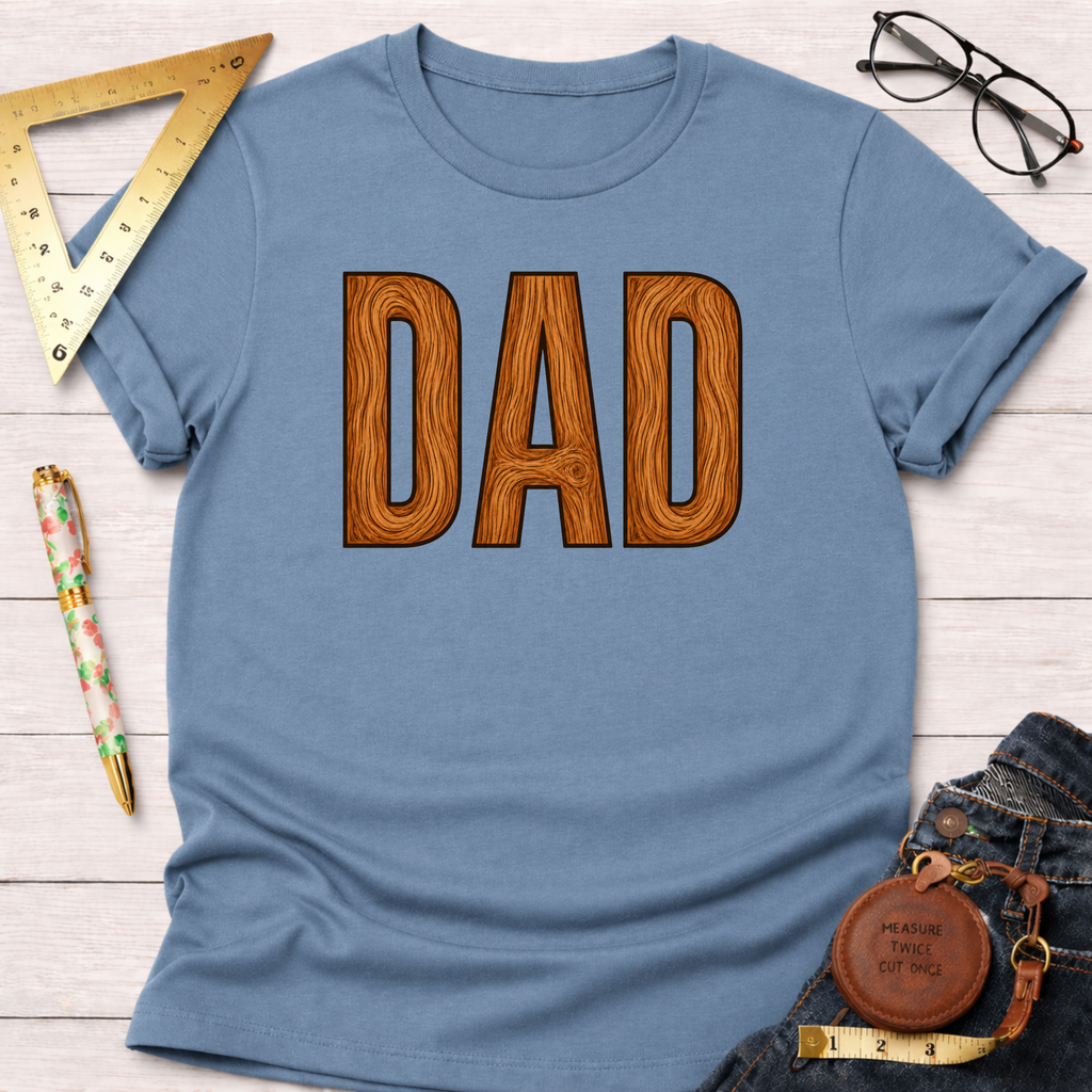 Blue cotton t-shirt with "DAD" in brown wooden letters, styled with jeans and woodworking tools.